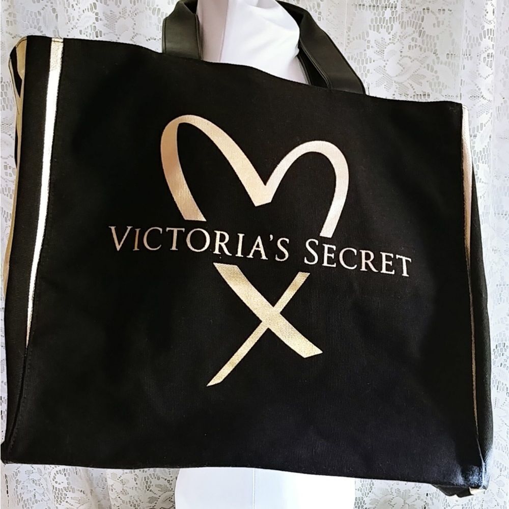Victoria Secret Tote Bag Black and Gold Stripe